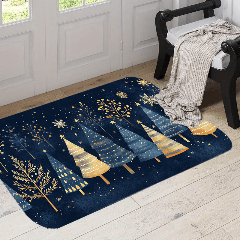 Festive Polyester Christmas Doormat with Geometric Trees and Snowflakes