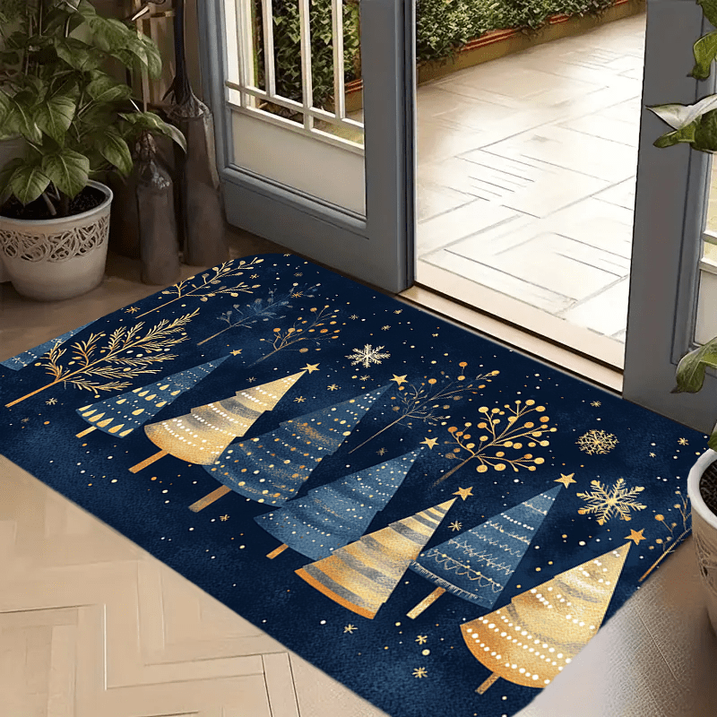 Festive Polyester Christmas Doormat with Geometric Trees and Snowflakes
