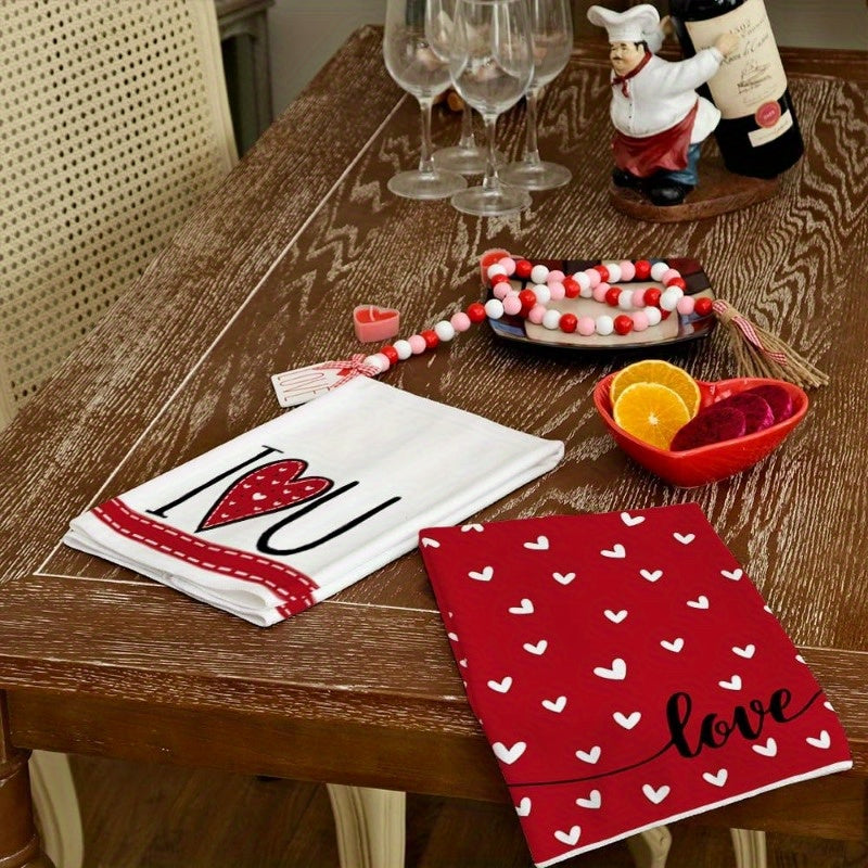 Valentine's Day Kitchen Towel Set 2 Pieces Red Heart Design Super Absorbent Dish Towels