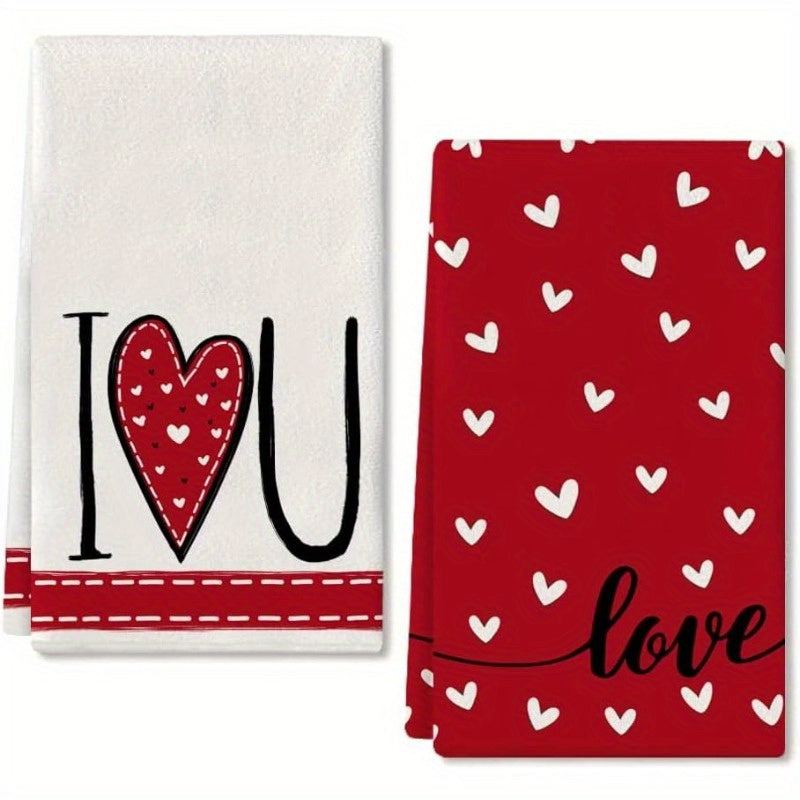 Valentine's Day Kitchen Towel Set 2 Pieces Red Heart Design Super Absorbent Dish Towels