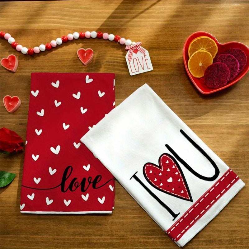 Valentine's Day Kitchen Towel Set 2 Pieces Red Heart Design Super Absorbent Dish Towels
