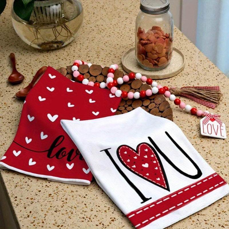 Valentine's Day Kitchen Towel Set 2 Pieces Red Heart Design Super Absorbent Dish Towels