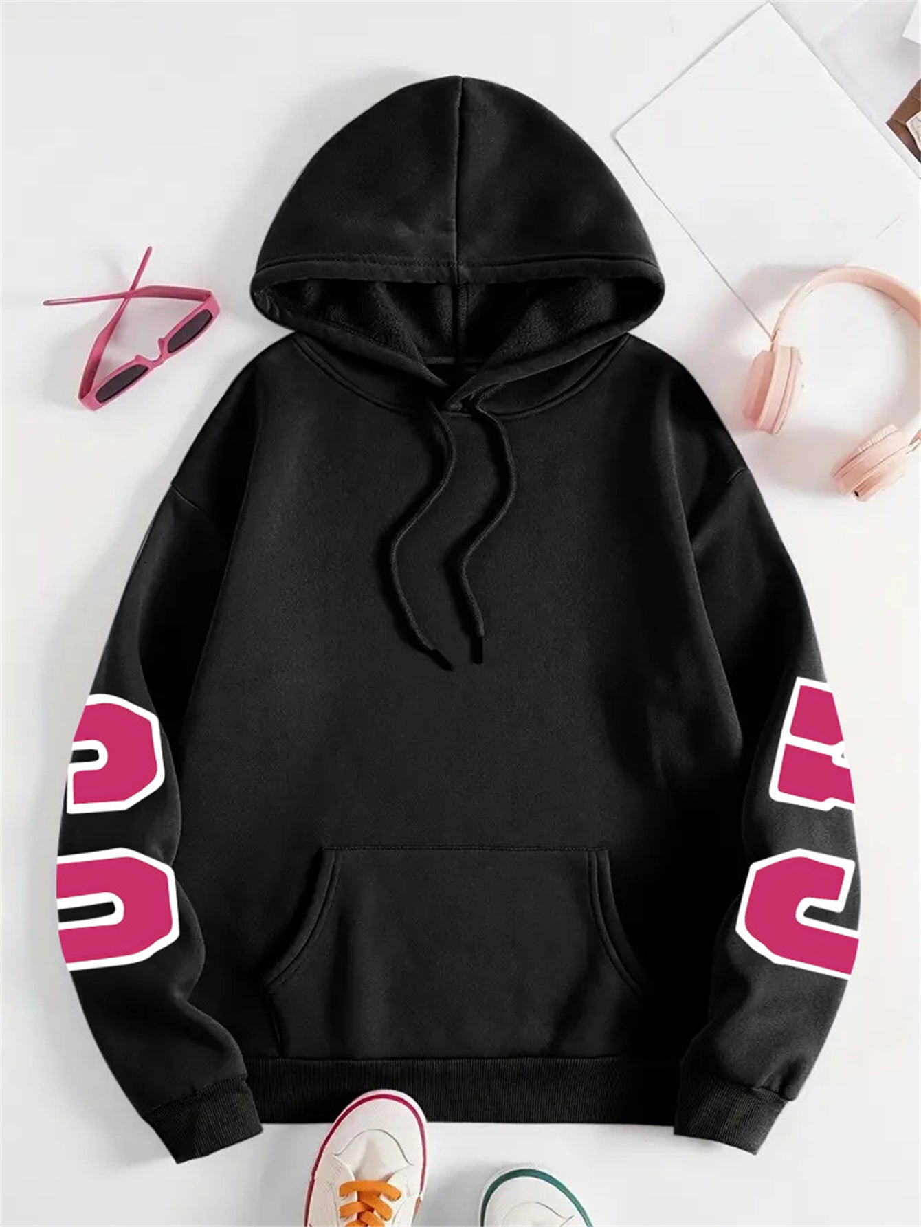 Sudadera con capucha de letras en talla grande para mujer, sudadera casual de manga larga con cordón