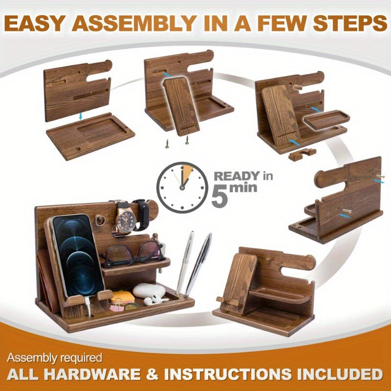 Ofis stoli uchun yog'och zaryadlash stendi, soatlar va ko'zoynaklar uchun telefon saqlash tokchasi.