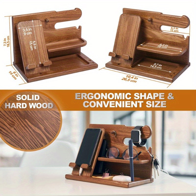Wooden Desk Organizer Stand for Phone Watches Glasses Storage Office Accessories