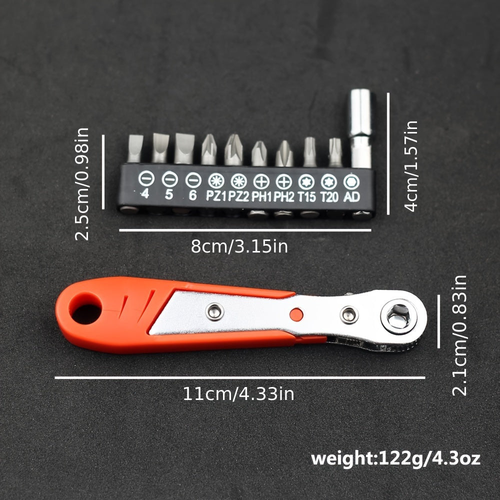 Mini Ratchet Wrench Set with Screwdriver Head, Anti-Slip Steel, Compact, Two-Way
