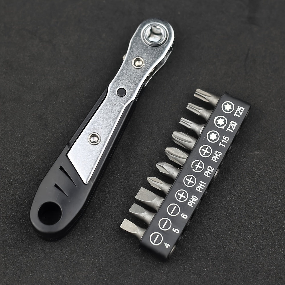 Mini Ratchet Wrench Set with Screwdriver Head, Anti-Slip Steel, Compact, Two-Way