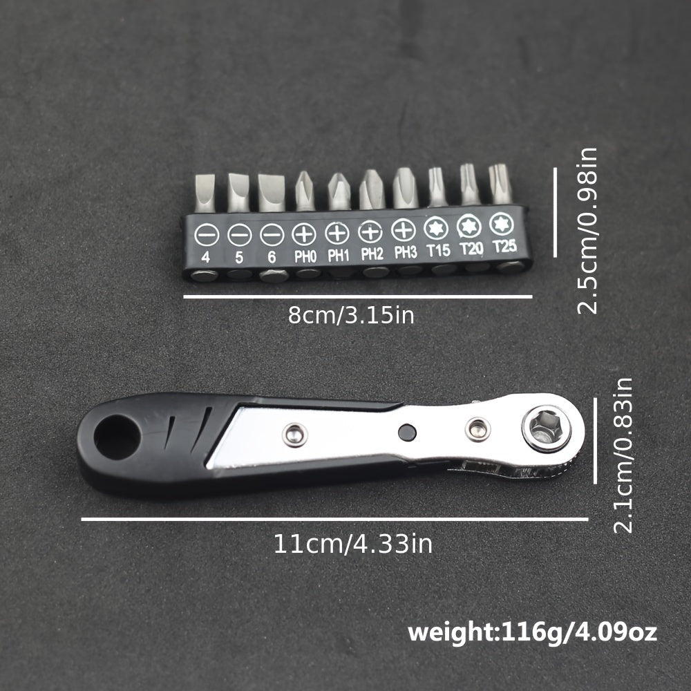 Mini Ratchet Wrench Set with Screwdriver Head, Anti-Slip Steel, Compact, Two-Way