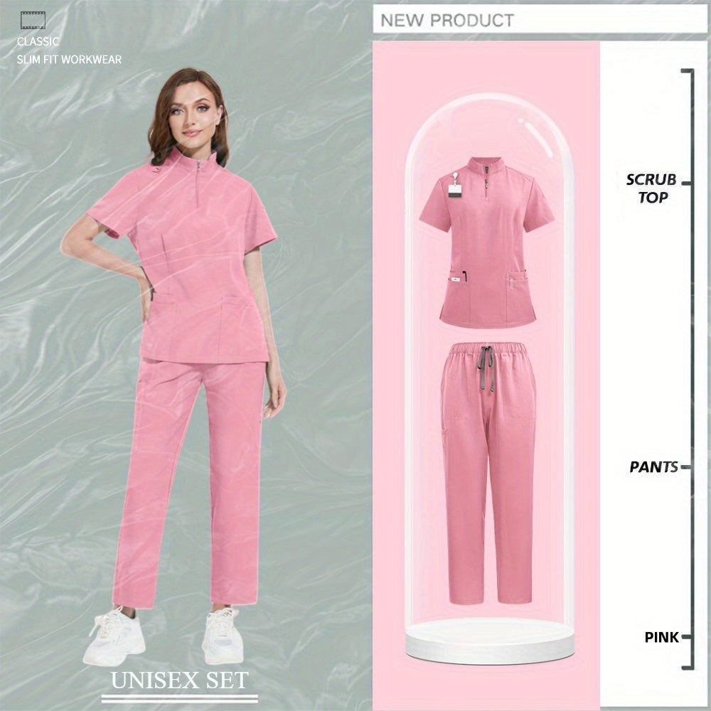 Nursing Uniforms for Hospital and Salon Short Sleeve Surgical Clothing with Zipper and Collar