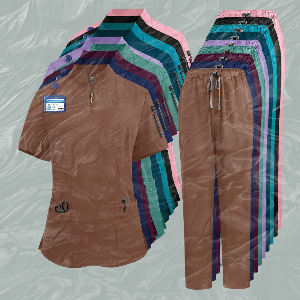 Nursing Uniforms for Hospital and Salon Short Sleeve Surgical Clothing with Zipper and Collar