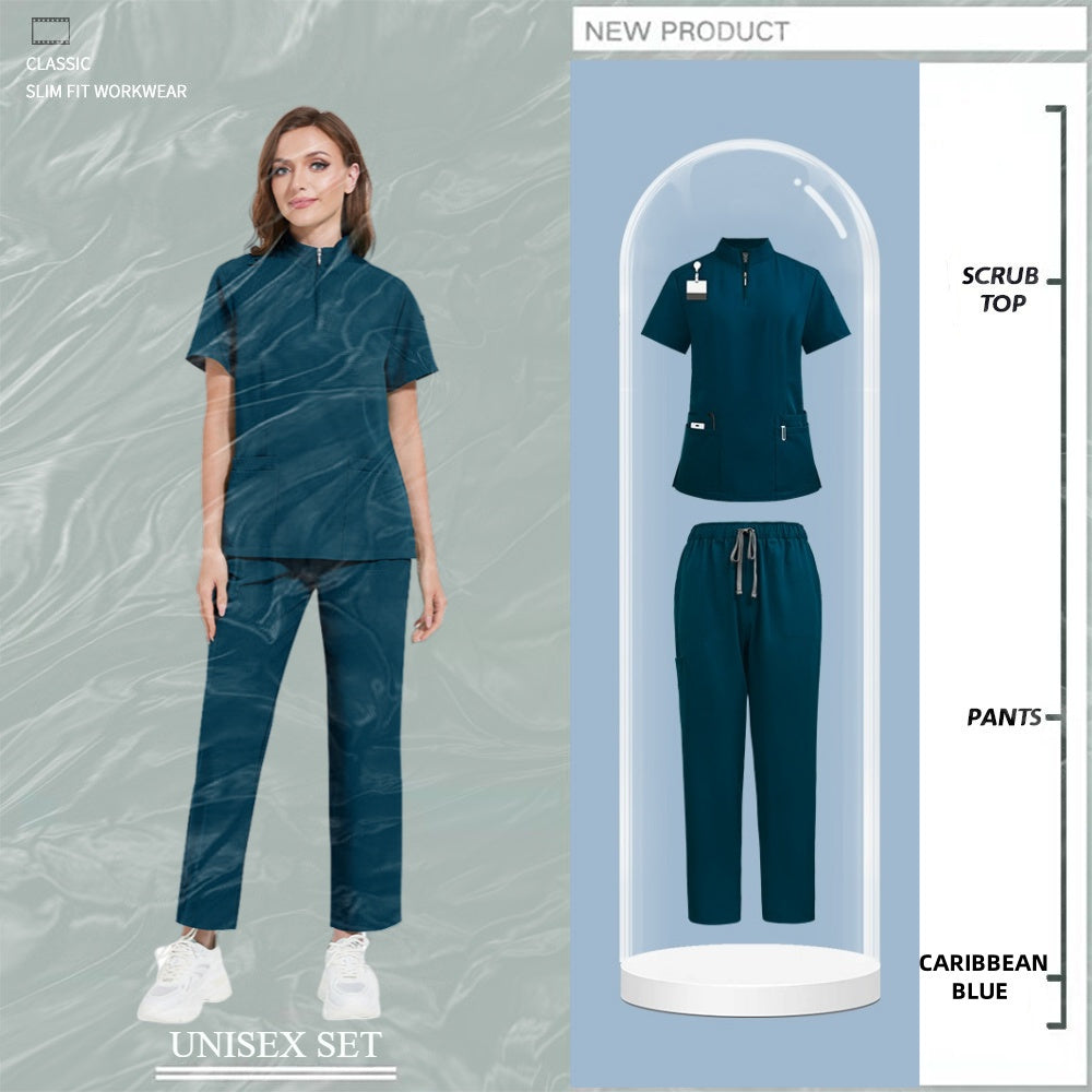 Nursing Uniforms for Hospital and Salon Short Sleeve Surgical Clothing with Zipper and Collar