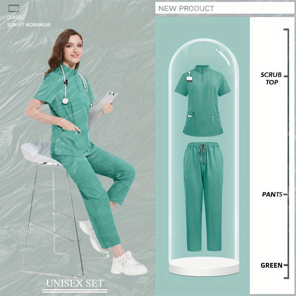 Nursing Uniforms for Hospital and Salon Short Sleeve Surgical Clothing with Zipper and Collar