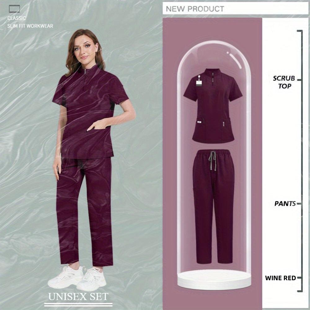 Nursing Uniforms for Hospital and Salon Short Sleeve Surgical Clothing with Zipper and Collar