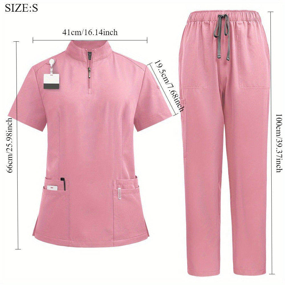 Nursing Uniforms for Hospital and Salon Short Sleeve Surgical Clothing with Zipper and Collar