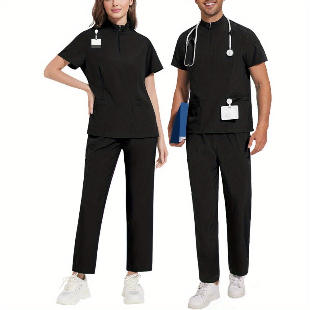 Nursing Uniforms for Hospital and Salon Short Sleeve Surgical Clothing with Zipper and Collar
