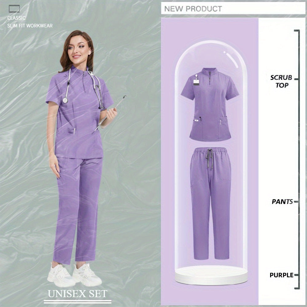 Nursing Uniforms for Hospital and Salon Short Sleeve Surgical Clothing with Zipper and Collar