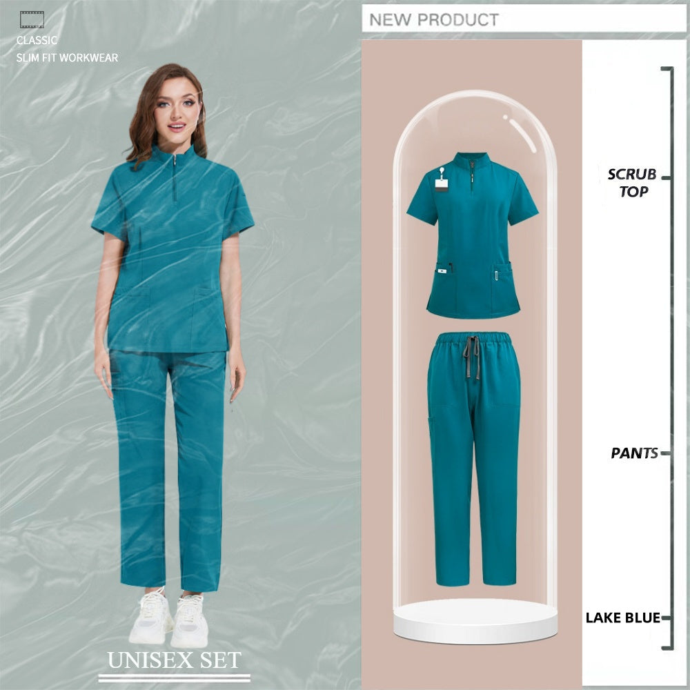 Nursing Uniforms for Hospital and Salon Short Sleeve Surgical Clothing with Zipper and Collar