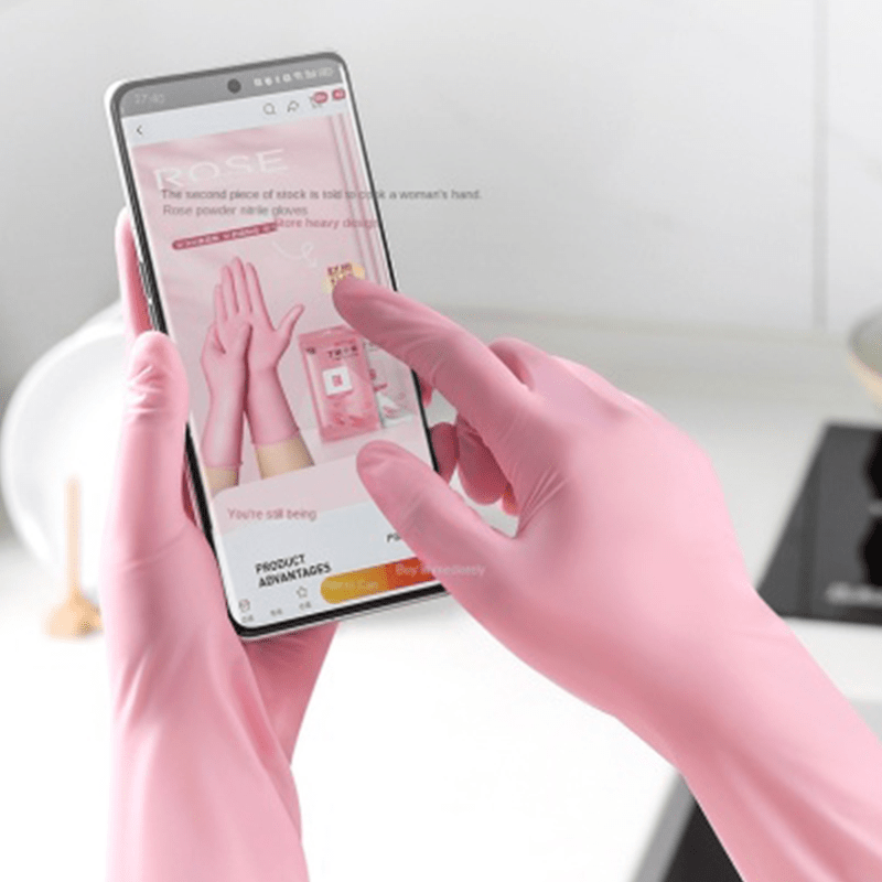 Ayollar uchun qo'l yuvish - suv o'tkazmaydigan, kukunsiz, antibakterial; oshxona, hammom, hojatxona uchun ideal; qulay moslik uchun moslashuvchan va silikonli, mustahkam nitril oziq-ovqat darajasidagi idish yuvish qo'lqoplari.