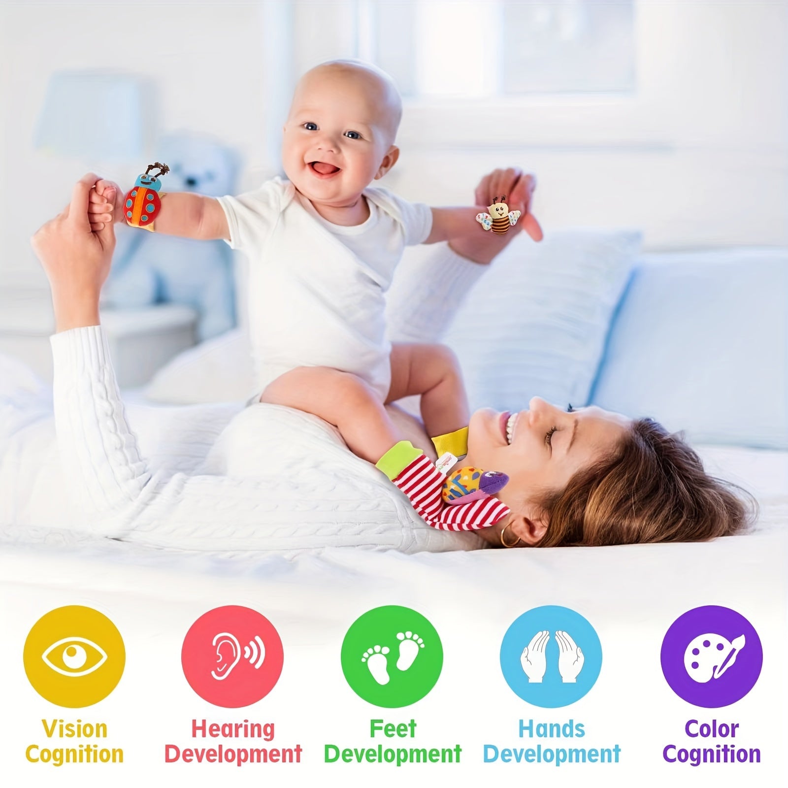 Baby Socks Set for Infants with Rattles and Foot Finder Toys, Breathable Fabric, Elastic Cuffs