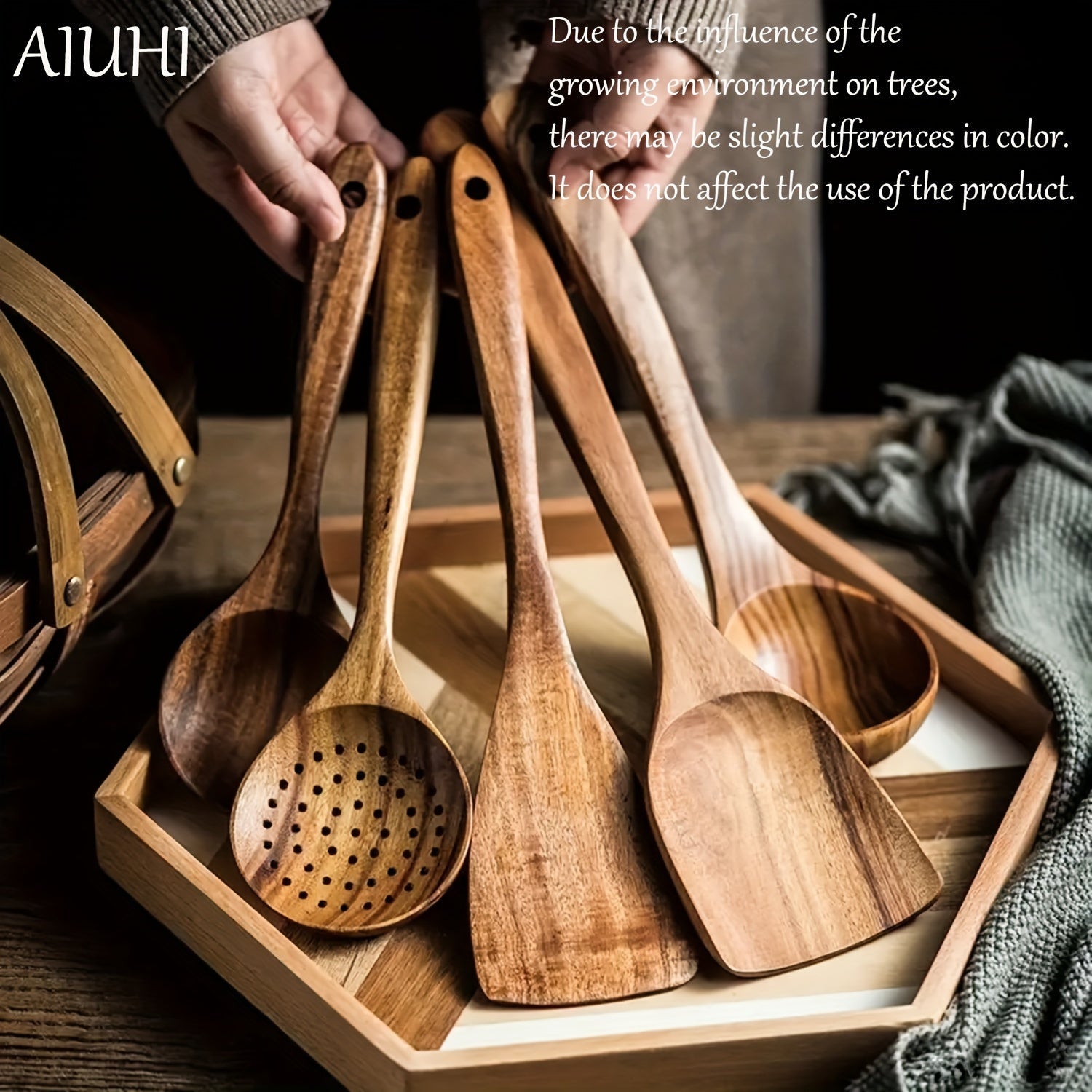 Set of 5 Natural Wood Kitchen Utensils for Non-Stick Pots and Cooking