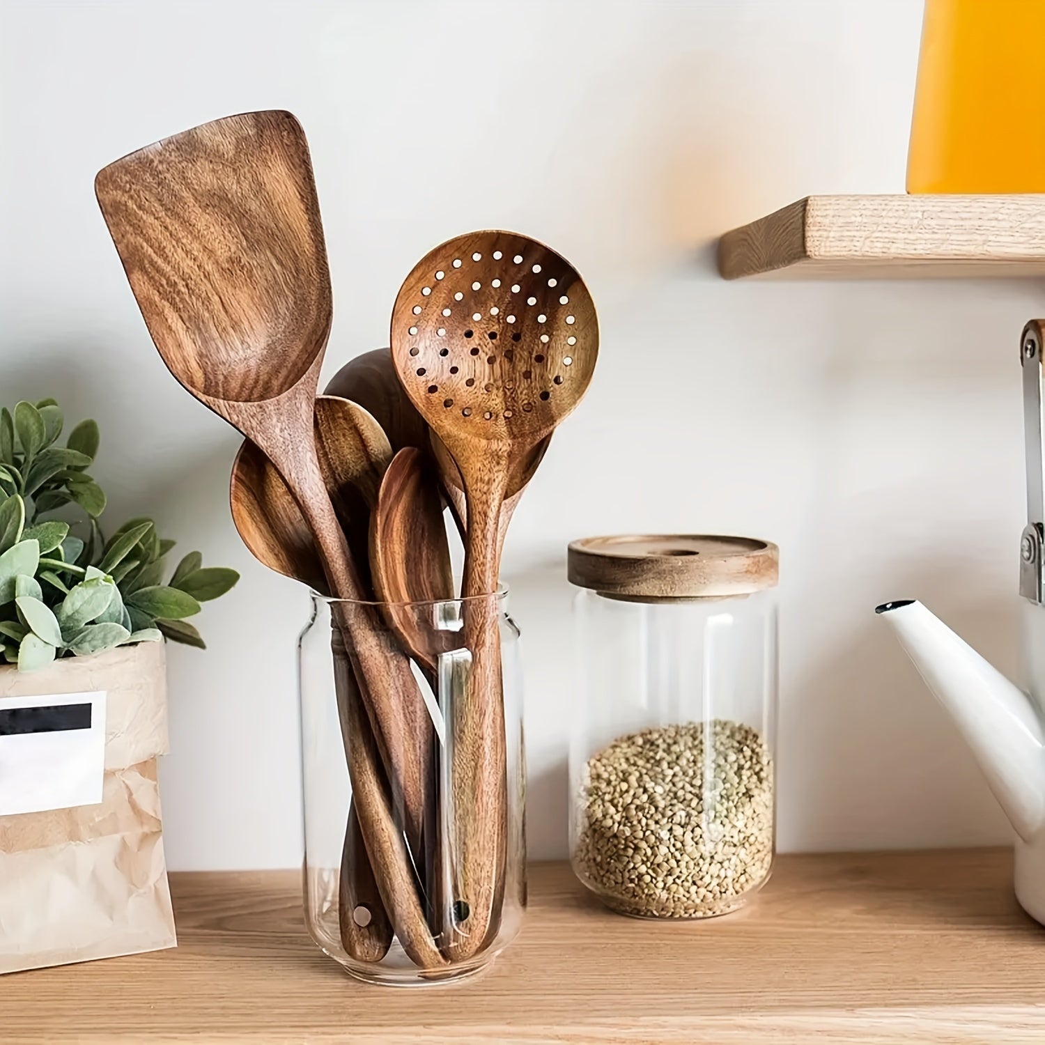 Set of 5 Natural Wood Kitchen Utensils for Non-Stick Pots and Cooking