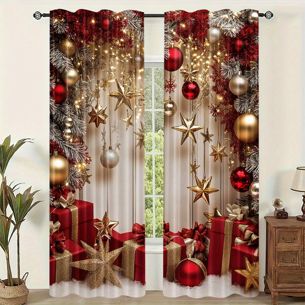 Set of 2 Christmas Star and Ornament Semi-Sheer Curtains Festive Polyester Rod Pocket for Living Room and Office
