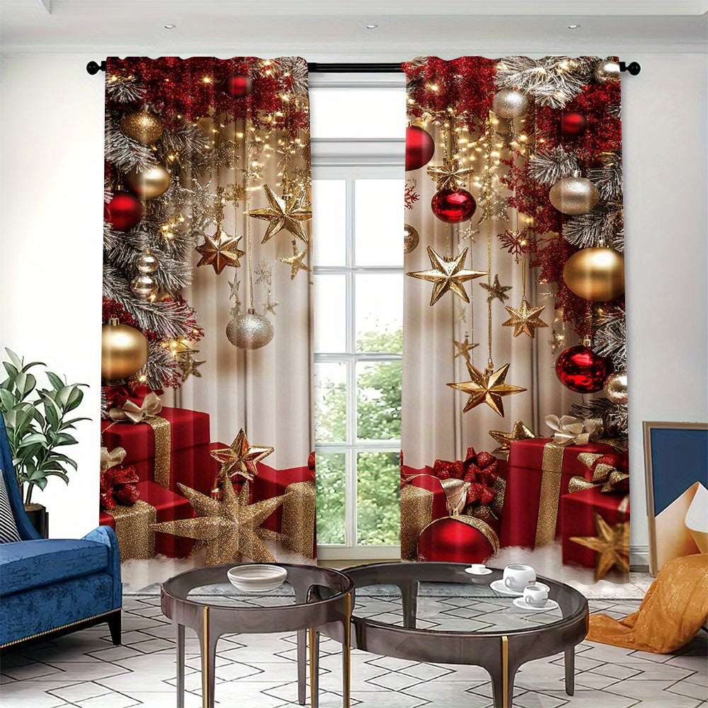 Set of 2 Christmas Star and Ornament Semi-Sheer Curtains Festive Polyester Rod Pocket for Living Room and Office