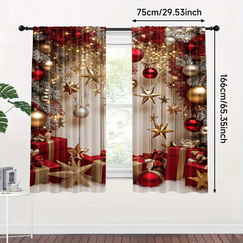 Set of 2 Christmas Star and Ornament Semi-Sheer Curtains Festive Polyester Rod Pocket for Living Room and Office