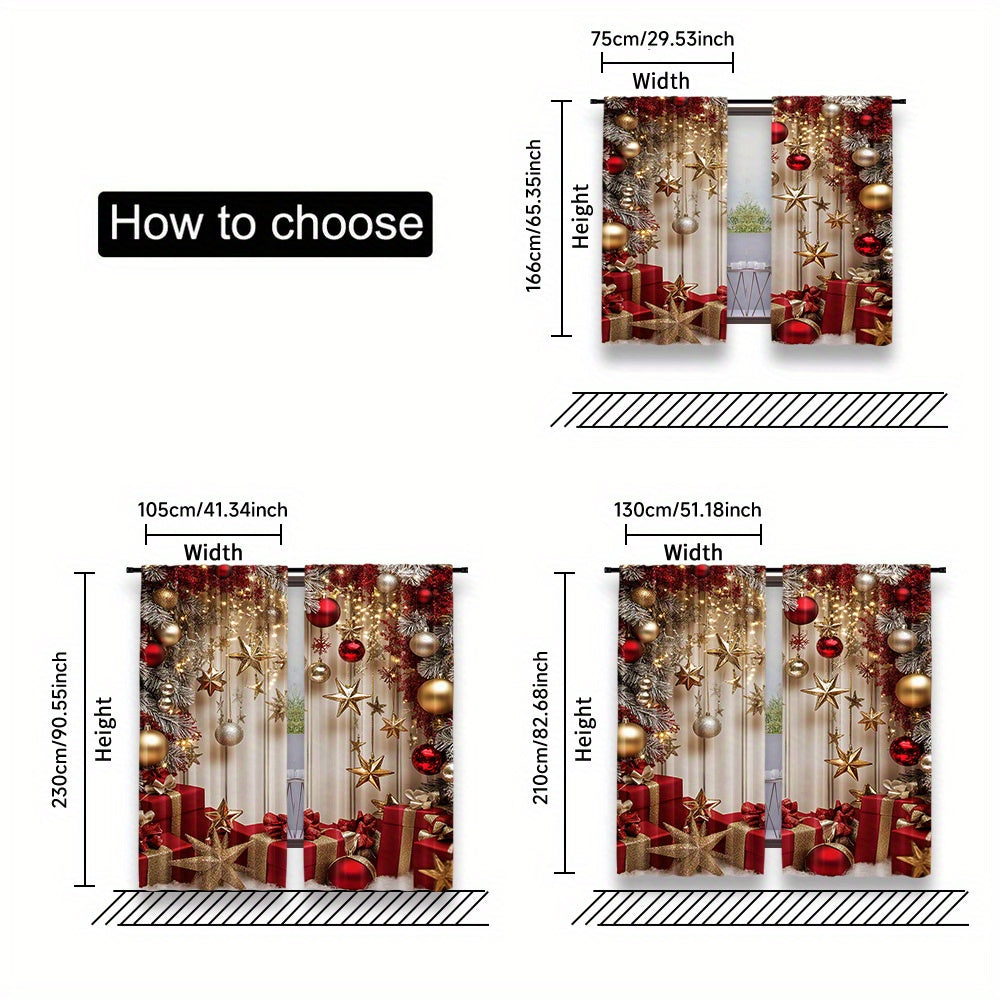 Set of 2 Christmas Star and Ornament Semi-Sheer Curtains Festive Polyester Rod Pocket for Living Room and Office