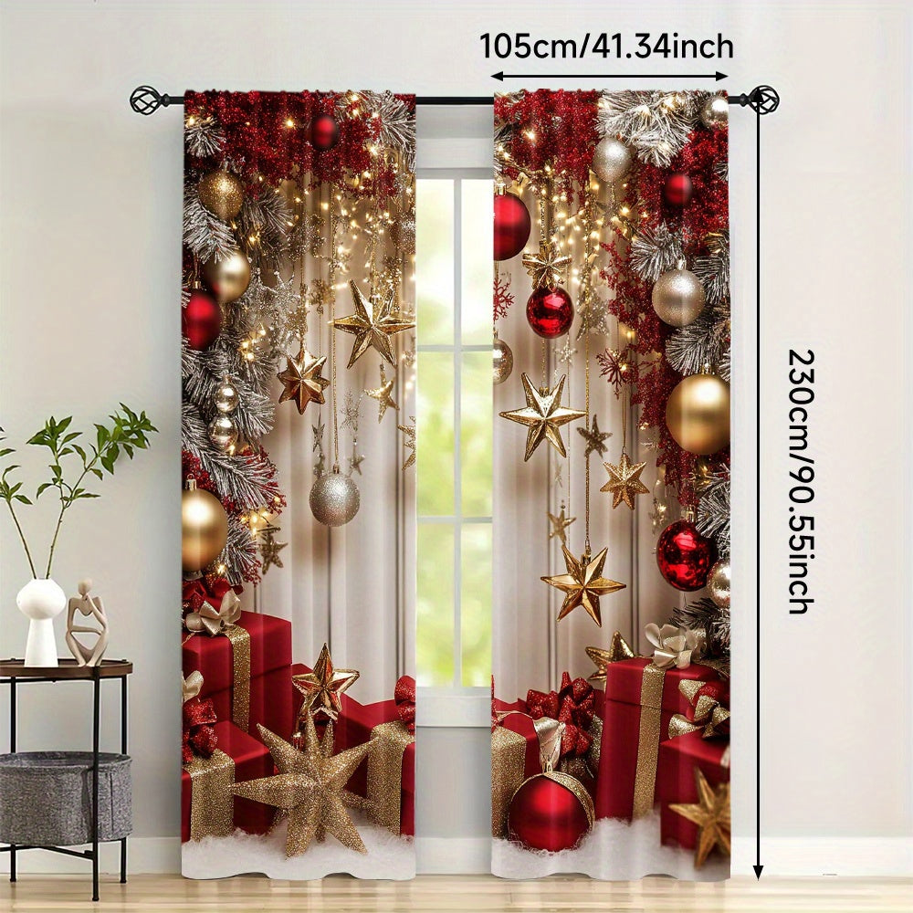 Set of 2 Christmas Star and Ornament Semi-Sheer Curtains Festive Polyester Rod Pocket for Living Room and Office
