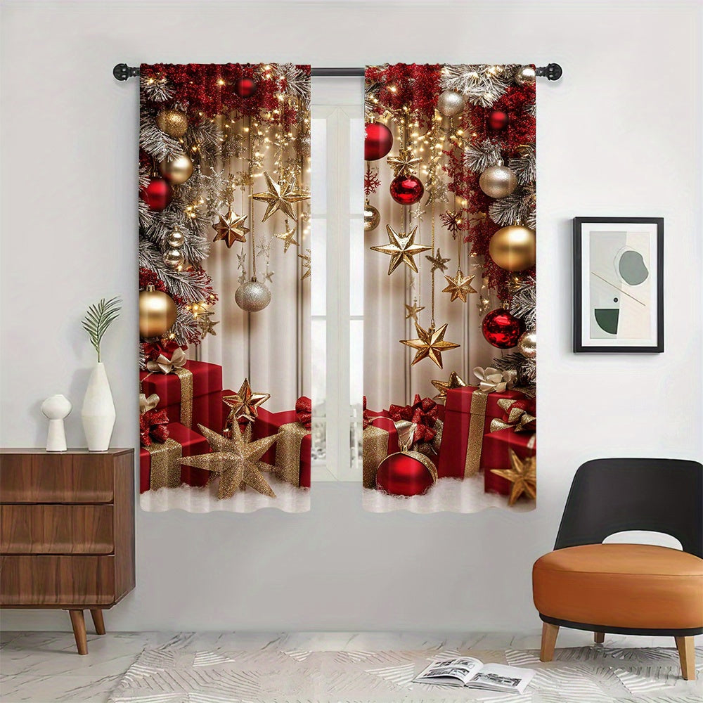 Set of 2 Christmas Star and Ornament Semi-Sheer Curtains Festive Polyester Rod Pocket for Living Room and Office
