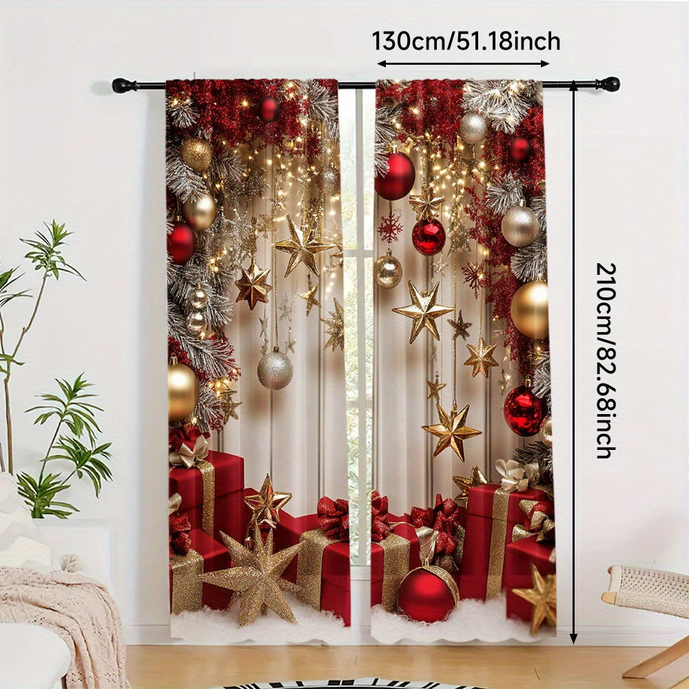 Set of 2 Christmas Star and Ornament Semi-Sheer Curtains Festive Polyester Rod Pocket for Living Room and Office