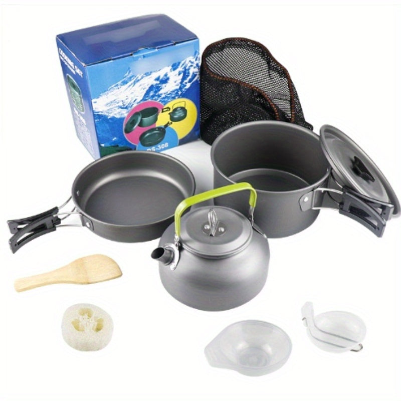 Juego de utensilios de camping de aluminio con hervidor antiadherente y utensilios para cocinar al aire libre y picnics