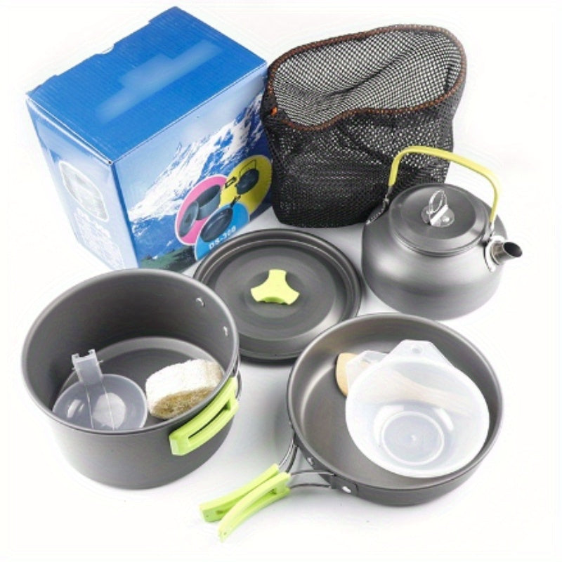 Juego de utensilios de camping de aluminio con hervidor antiadherente y utensilios para cocinar al aire libre y picnics