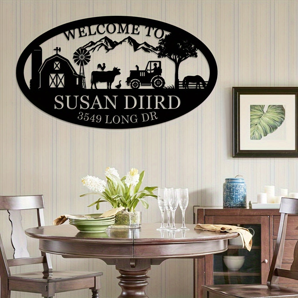 Shaxsiylashtirilgan Qora Metall Fermer Uyi Belgisi Ot va Fermerlik Elementlari bilan - Tashqi, Darvoza yoki Uy Devori Dekoriga Moslashtirilgan - Qishloq Hayoti Uchun Mukammal Sovg'a