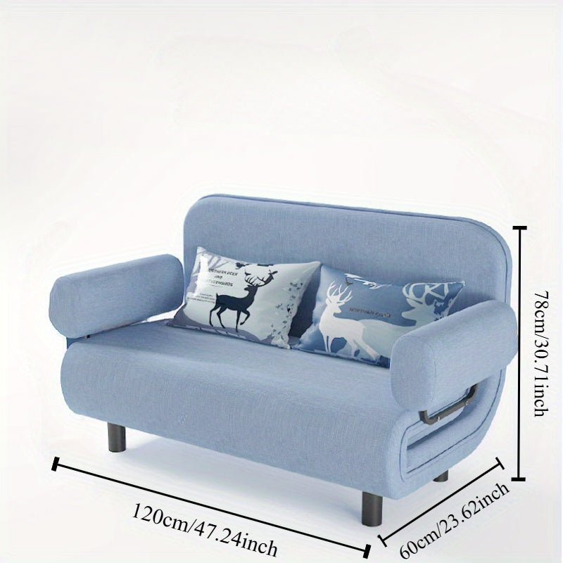 Blue Multifunctional Sofa Bed with Foldable Design Linen Fabric for Home Office Guest Room