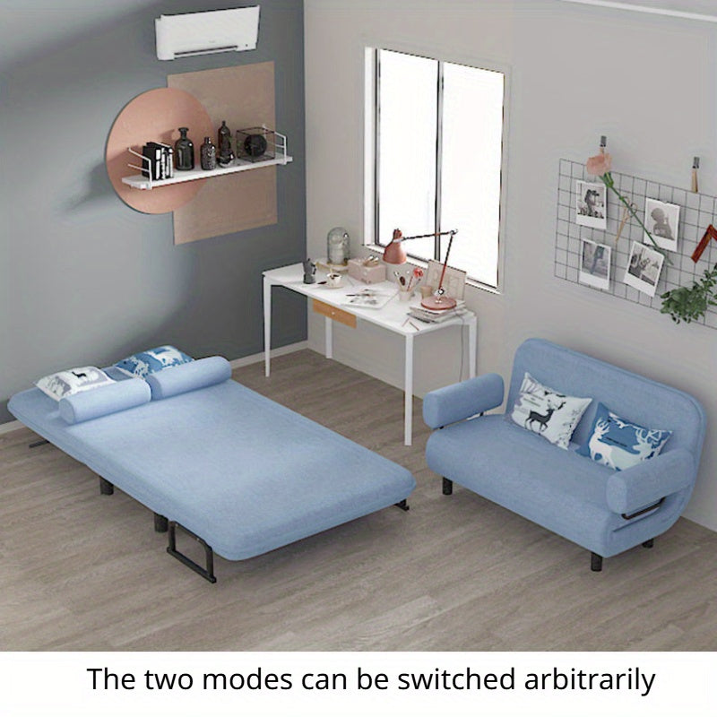 Blue Multifunctional Sofa Bed with Foldable Design Linen Fabric for Home Office Guest Room
