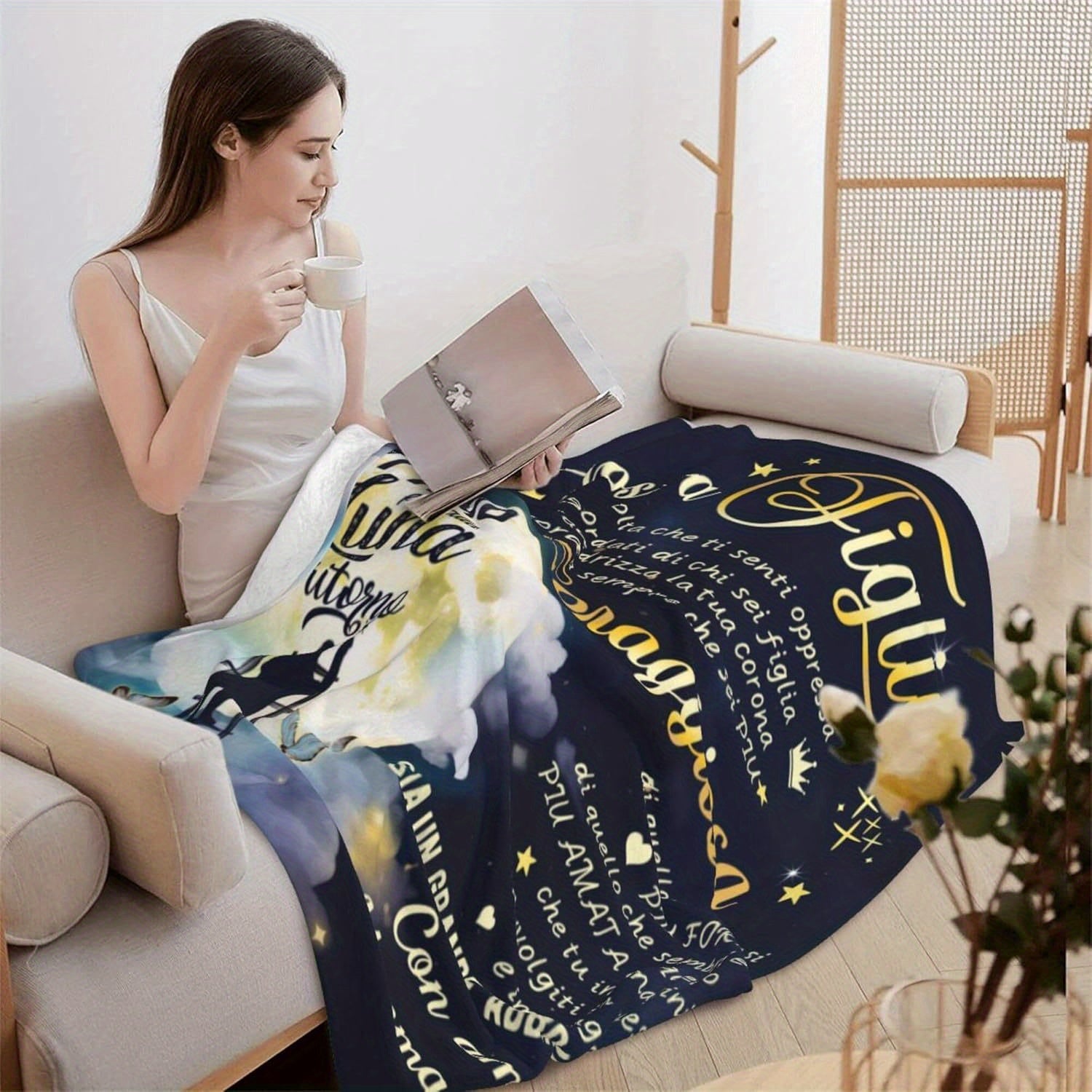 Cozy Navy Blue Flannel Throw Blanket for Women with Gold Message