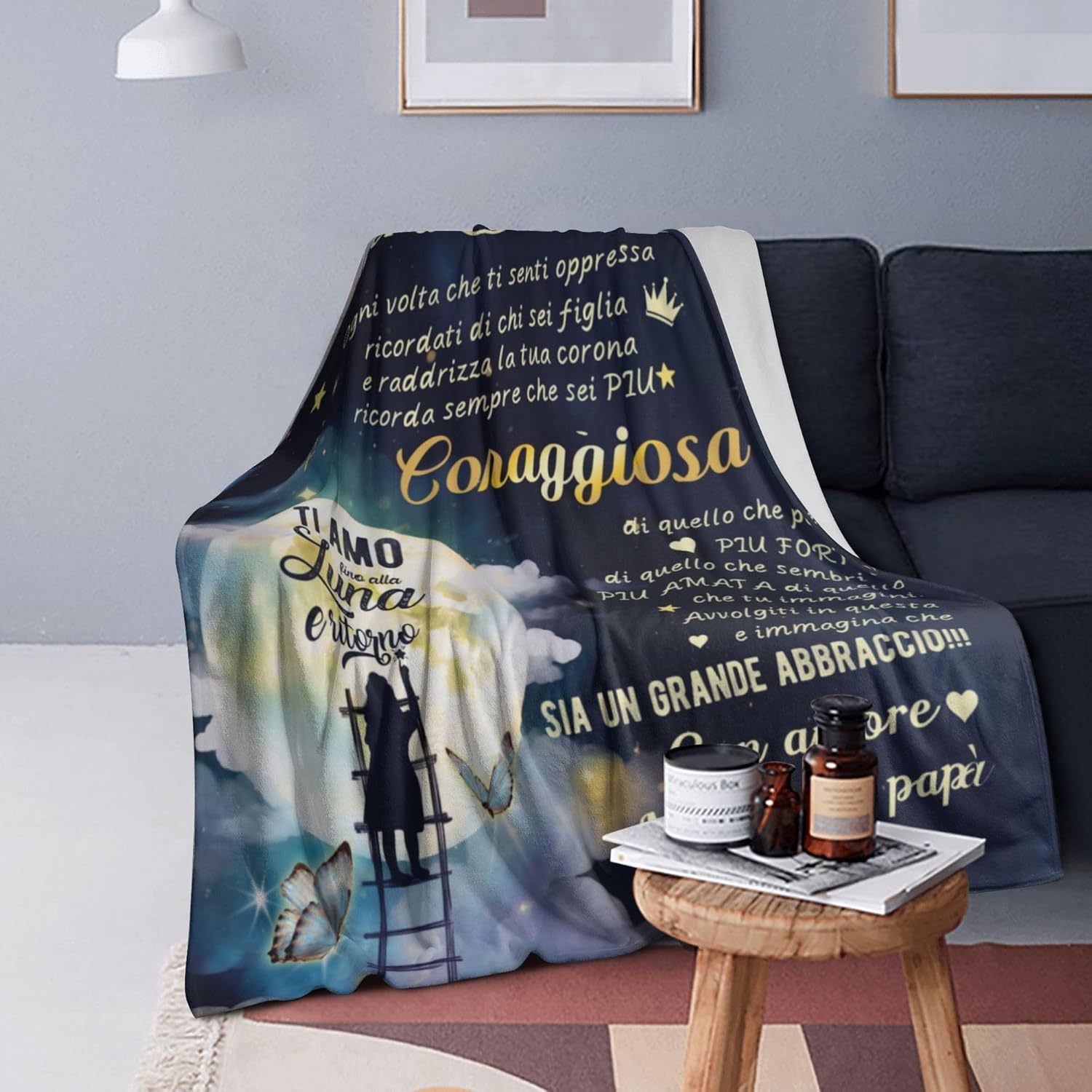 Cozy Navy Blue Flannel Throw Blanket for Women with Gold Message