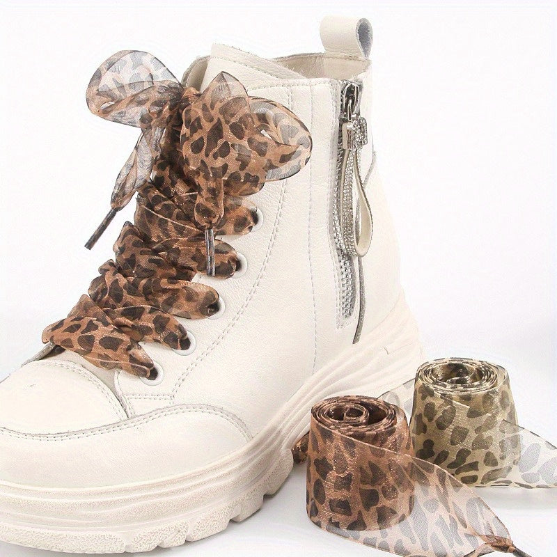 Unisex Leopard Print Ribbon Laces Flat Wide Durable Fabric Casual Formal Shoes