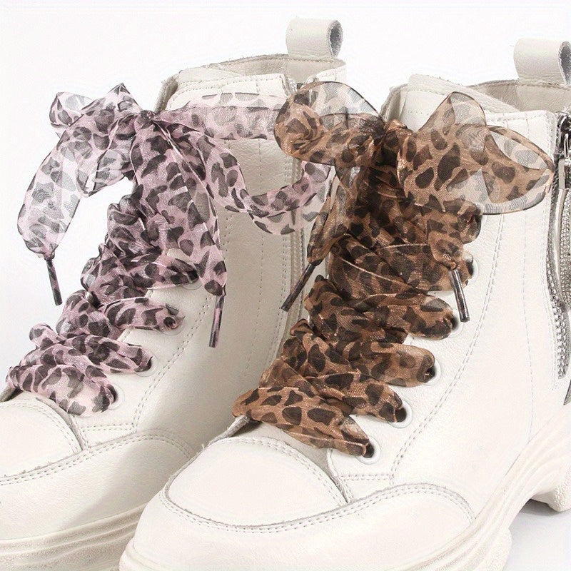 Unisex Leopard Print Ribbon Laces Flat Wide Durable Fabric Casual Formal Shoes