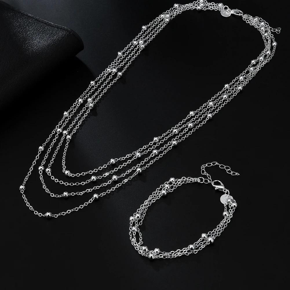 Sterling Silver Jewelry Set Beads Bracelet and Necklace for Men Women Wedding