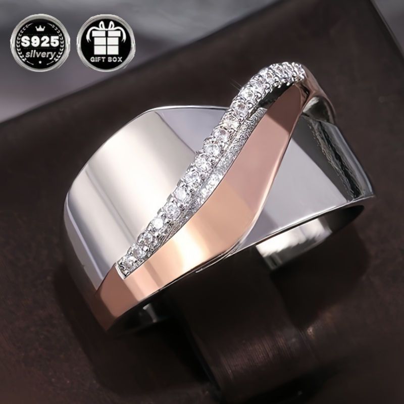 Sterling Silver Wide Band Ring with Zirconia for Weddings and Engagements