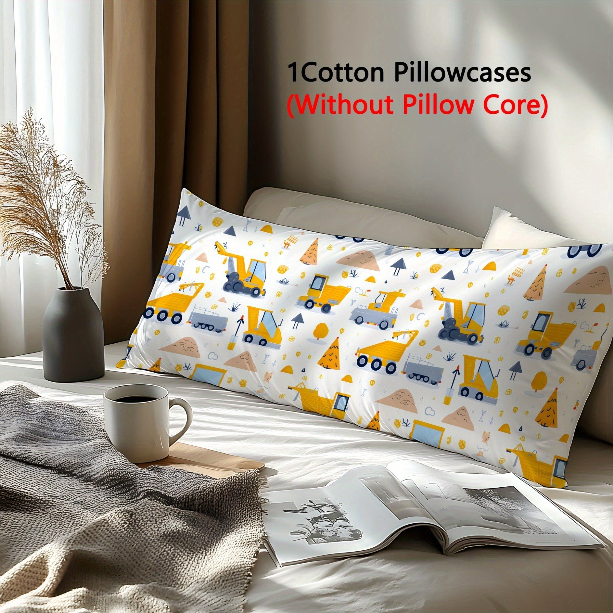 Cotton Pillowcase with Cartoon Engineering Vehicle Design, Soft and Skin-Friendly