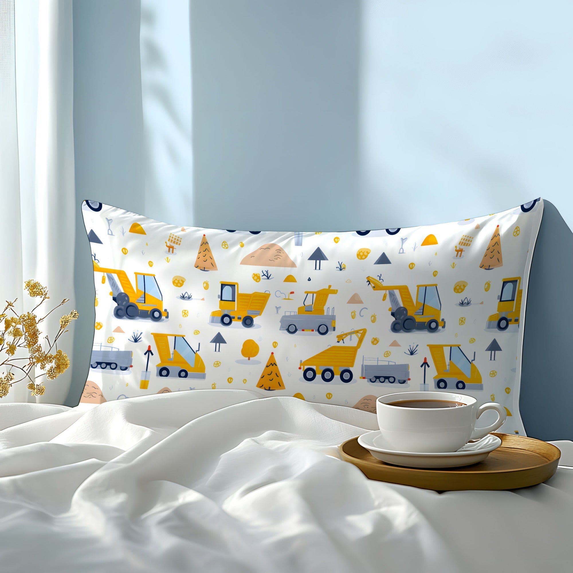 Cotton Pillowcase with Cartoon Engineering Vehicle Design, Soft and Skin-Friendly