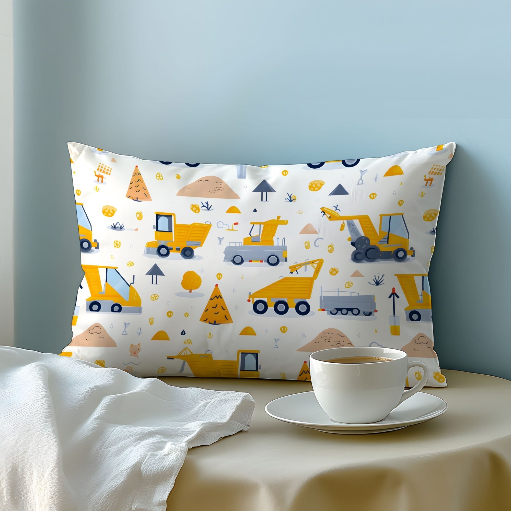 Cotton Pillowcase with Cartoon Engineering Vehicle Design, Soft and Skin-Friendly