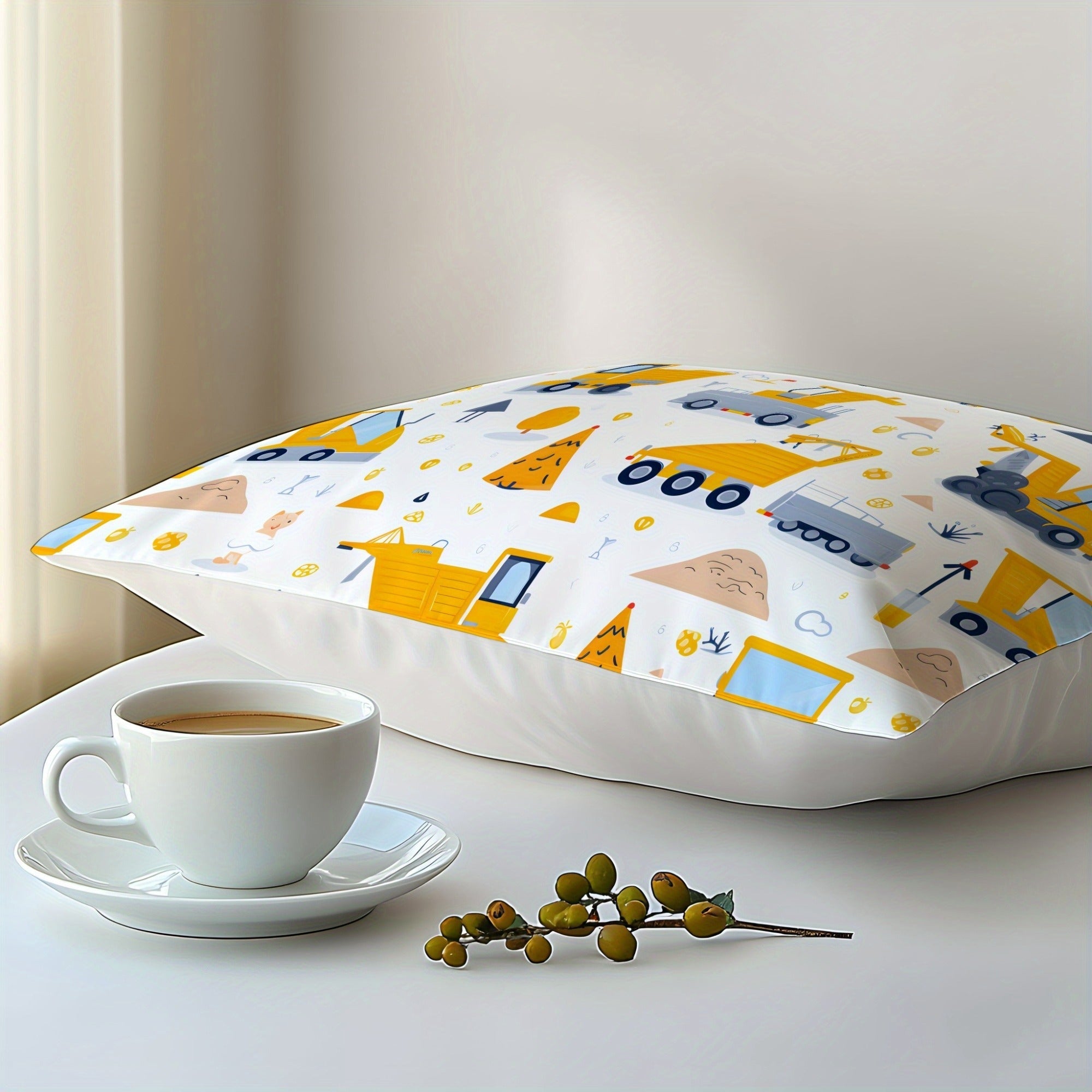 Cotton Pillowcase with Cartoon Engineering Vehicle Design, Soft and Skin-Friendly