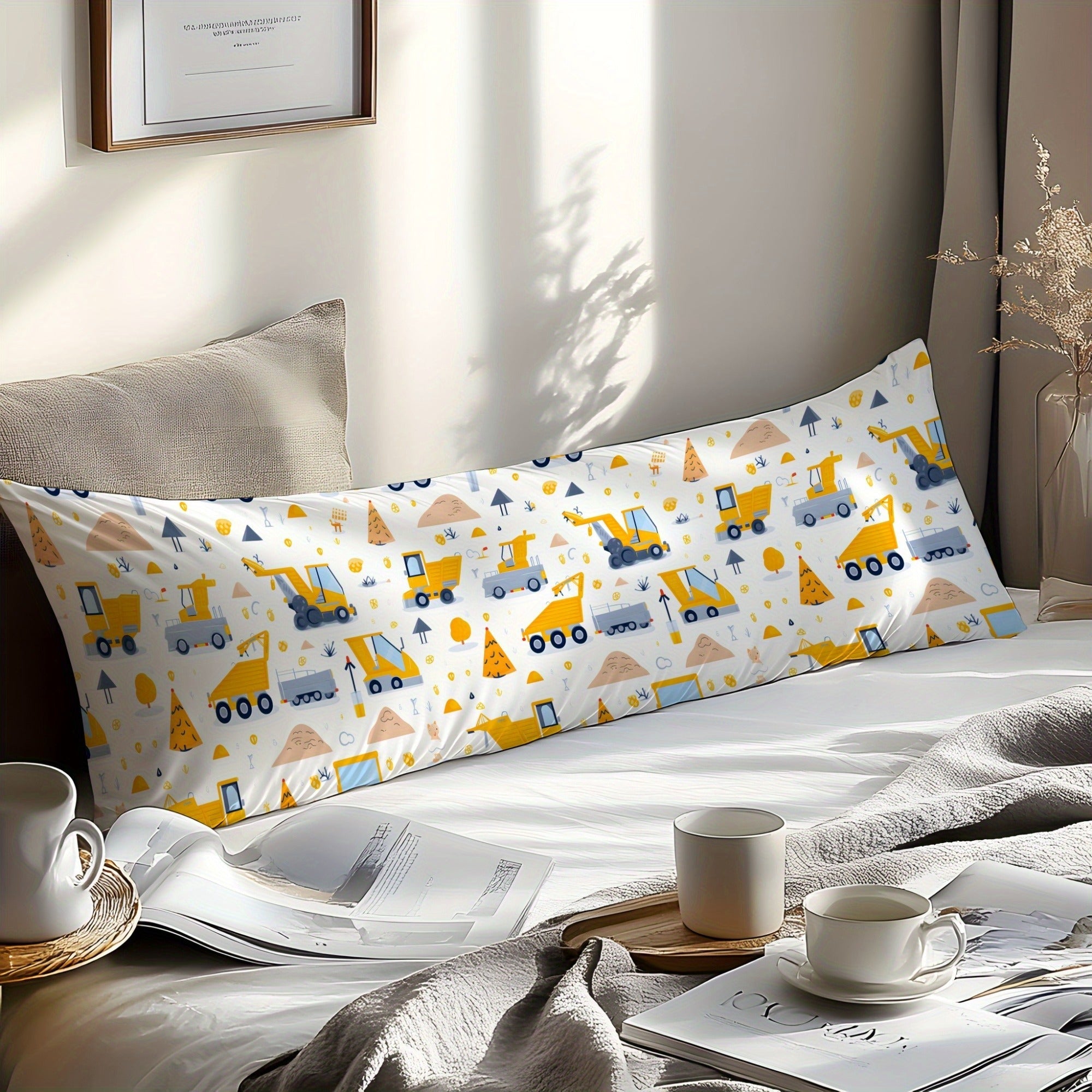 Cotton Pillowcase with Cartoon Engineering Vehicle Design, Soft and Skin-Friendly