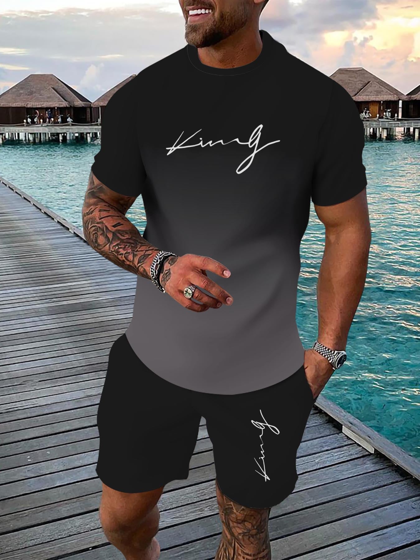 Men's Summer Sports Casual Set 3D Printed Crew Neck T-Shirt and Shorts Polyester Breathable Slight Stretch Regular Fit