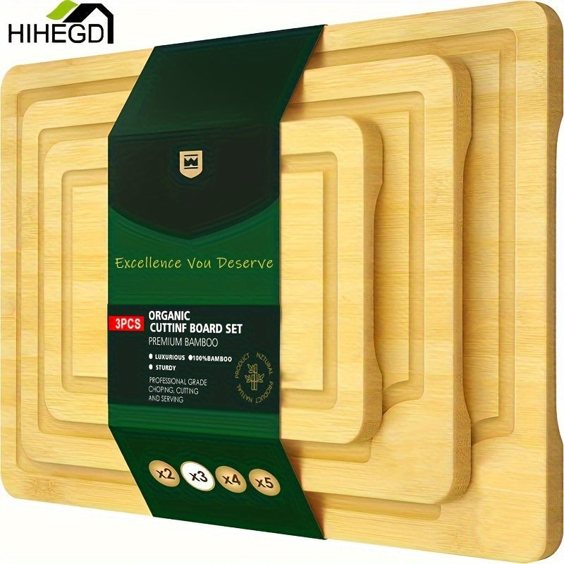 Bamboo Kitchen Cutting Board Set 3 Pieces Juice Groove Serving Tray Handles